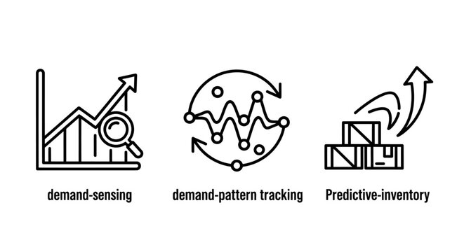 Demand sensing demand pattern tracking predictive inventory icons set representing data-driven supply chain analytics and forecasting with market analysis icon set growth chart logistics management