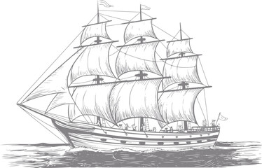 Vintage tall ship sailing on the ocean with full sails © simplevector