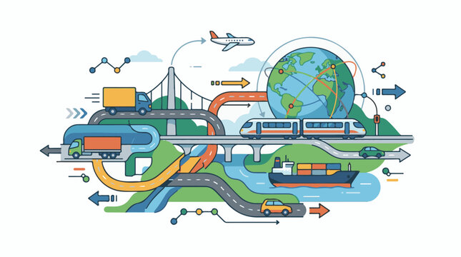 Colorful illustration of global transportation network with roads trains ships and planes