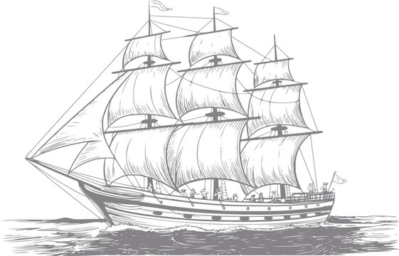 Vintage tall ship sailing on the ocean with full sails