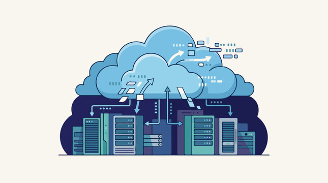 A blue cloud computing concept with servers and data transfer