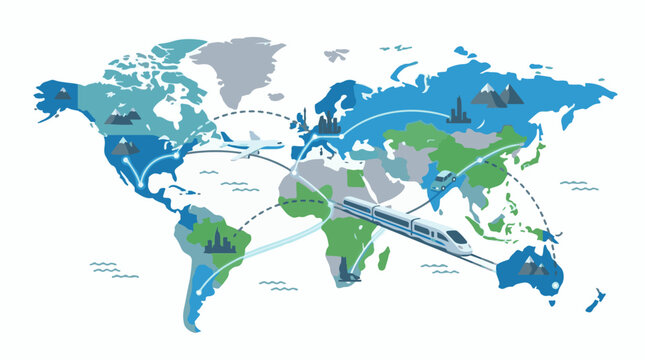 A stylized world map with green blue and gray continents featuring various transportation modes