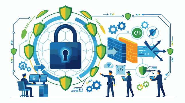 A graphic depicts cybersecurity concept with padlock and shield surrounded by people