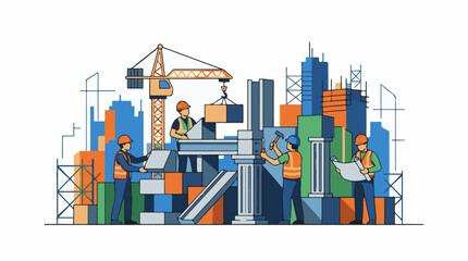 Fototapeta premium A construction site with workers and a crane amidst city buildings