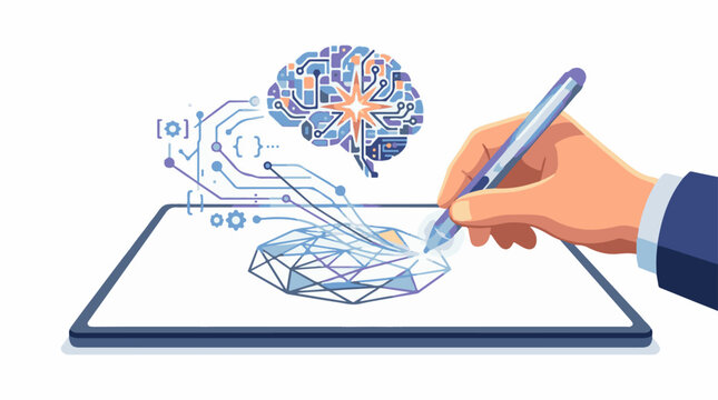A hand holding a stylus draws on a tablet with a brain and circuit board design