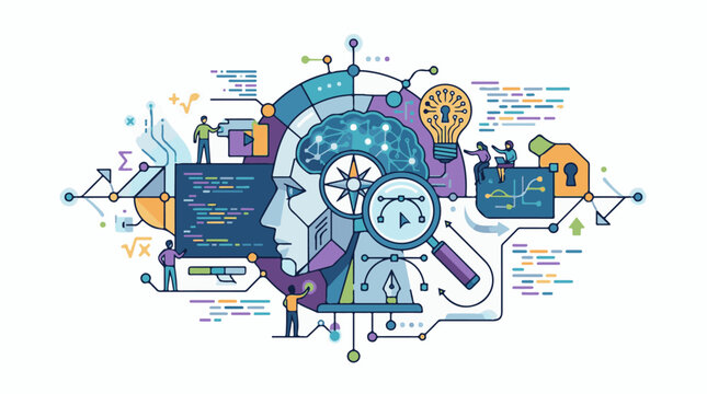 A colorful illustration of a person's head with a brain made of circuits and a magnifying glass in front surrounded by