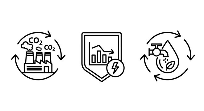 Environmental co2 emissions industrial output and water resource conservation line icons set with environment industrial emissions conservation pollution sustainability manufacturing protection
