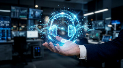Fototapeta premium Businessman holding a glowing holographic headset icon representing customer support