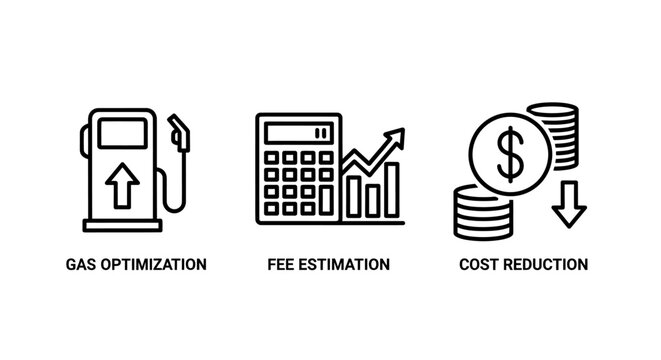 Financial technology icons featuring gas optimization fee estimation and cost reduction technology optimization estimation reduction calculator blockchain business transaction analysis