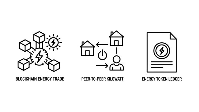 Set of minimalist linear icons representing blockchain energy trading peer-to-peer electricity and token ledger technology with smart meter blockchain electricity technology decentralized