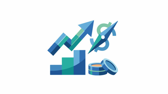 A blue and green graphic illustration of a growing bar chart with arrows and coins