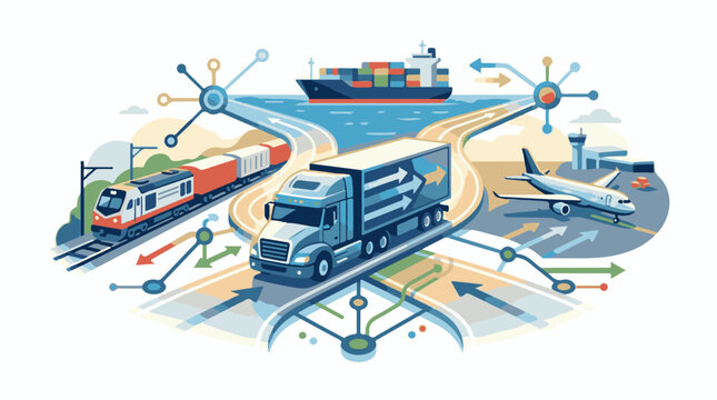 A stylized illustration depicting various modes of transportation (3)
