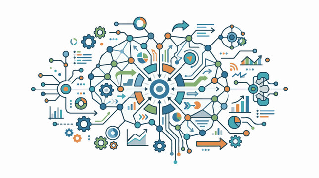 Colorful infographic with various charts graphs and symbols connected by lines and arrows