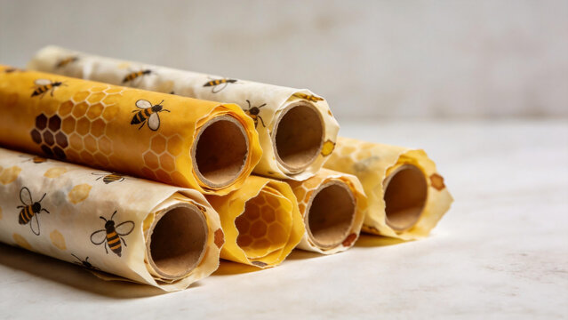 Beeswax wraps rolled up with bee patterns