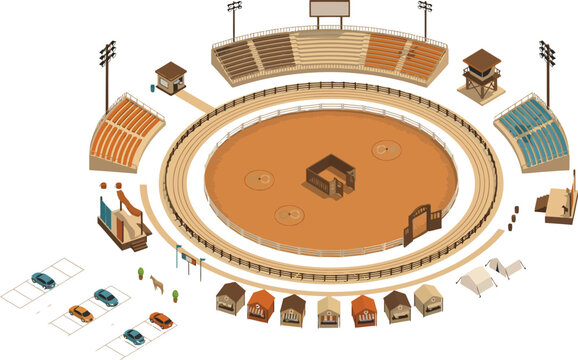 Isometric rodeo arena with grandstands bleachers stadium seating floodlights tents and cars for spectator events and sports