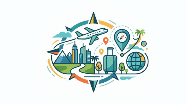 A stylized illustration of travel icons including a plane globe and cityscape