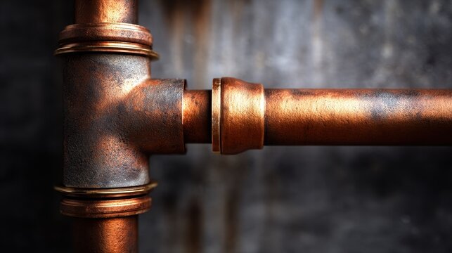 Industrial copper pipe fitting junction with weathered metallic texture