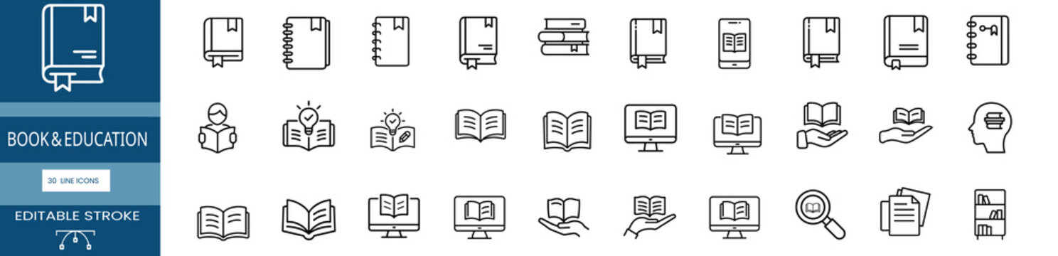 Book & Educational publication outline icons set, tutorial manual, research guide, instructional textbook & more vector illustration with editable stroke