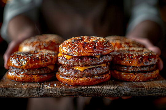 Juicy gourmet beef burgers with onion, lettuce and tomato on brioche bun served on rustic wooden board by a chef.