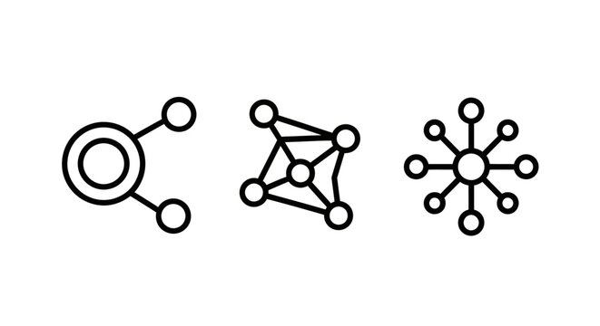 Set of three network connection icons representing distributed systems node architecture hub topology with connection distributed architecture topology technology structure information business