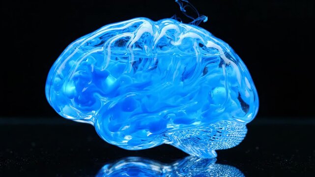 Glass brain digital art with blue ink swirling water inside, abstract concept of fluid intelligence and creative ideas on black background swirl