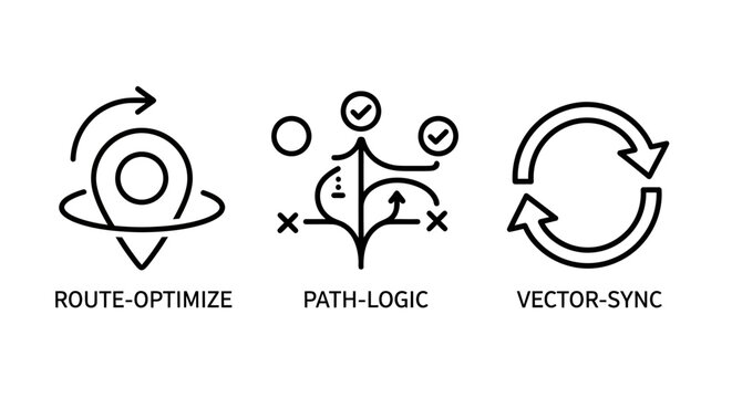 Route optimization and logical workflow icon set with optimization location navigation workflow business planning strategy flowchart decision tracking movement synchronization management