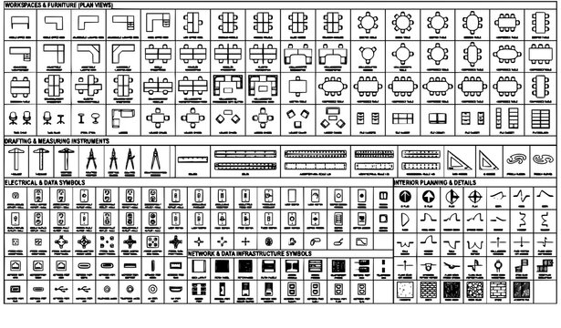 Professional Interior Architecture Plan Symbols with Office Furniture and Drafting Equipment Vector Pack