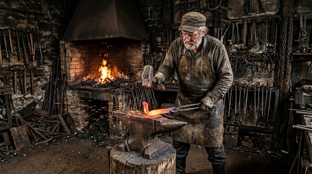 Experienced blacksmith working at his anvil in a traditional forge with glowing metal and sparks flying