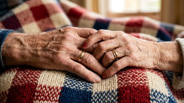 Elderly couple's hands resting together, showing wrinkled skin and wedding rings, symbolizing love and companionship