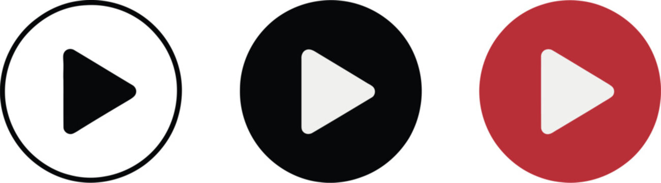 Play, button icons set, media control symbols isolated on white background for video streaming multimedia applications and digital interface design.