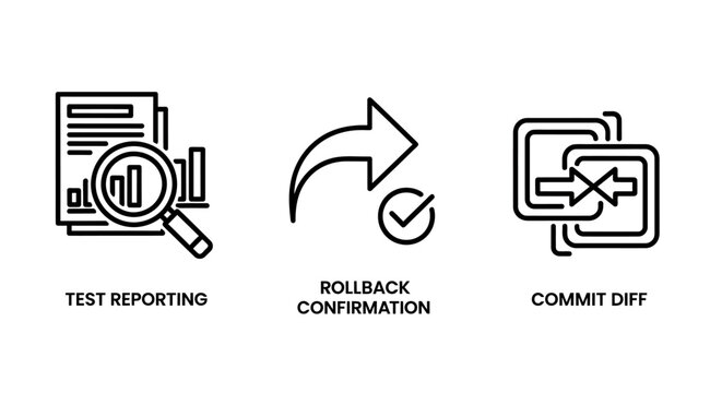 Test reporting rollback confirmation and commit diff software icons with software development reporting rollback programming engineering deployment assurance management database analysis