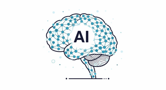A stylized blue and black brain with AI text and molecular structure on white