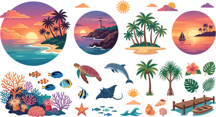 Tropical Beach Island and Marine Life Vector Element Set with Sunset Ocean Badges Coral Reef Sea Turtles and Palm Trees for Vacation Designs © Md