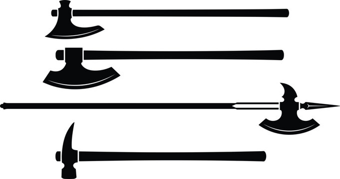 Medieval Polearm and Battle Axe Silhouette Vector Set Featuring Halberd Dane Axe Bardiche and War Hammer for Gaming Assets Fantasy Concept Art and Weapon Graphic Designs