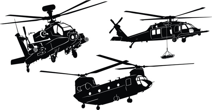 Military Helicopter Silhouette Vector Set Featuring Apache Attack Chopper Black Hawk Rescue Craft and Chinook Cargo Transport for Aviation Graphics and Gaming Asset Designs