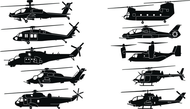Military Helicopter Silhouette Vector Set Featuring Apache Chopper Black Hawk Chinook Hind Osprey Cobra and Transport Aircraft for Aviation Graphics and Army Warfare Designs