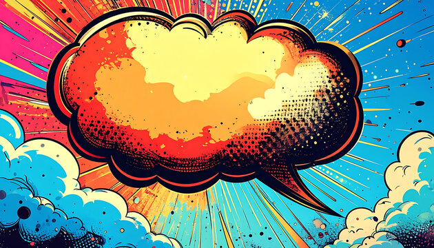 Retro pixel art speech bubble explosion, comic book style, vibrant colors, pop art communication concept