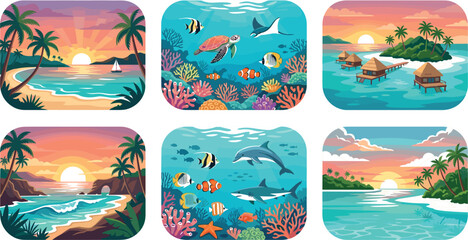 Tropical Beach Landscape and Underwater Marine Life Card Set with Coral Reef Sea Creatures Sunset Island Overwater Bungalows and Ocean Waves © Md