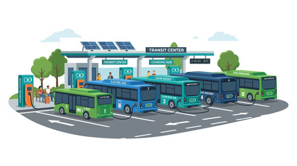 Obraz premium Electric Buses Charging at Transit Center with Solar Panels