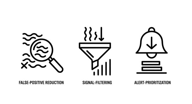 Set of cybersecurity and data processing vector icons including false positive reduction signal filtering and alert prioritization cybersecurity filtering security monitoring analysis software