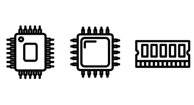 Integrated circuit cpu processors and computer ram memory stick hardware components icon set with processor hardware computer electronic component technology integrated illustration mainboard