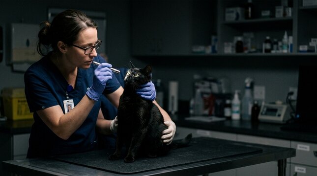 Veterinarian examining a black cat's eye with an otoscope in a clinic examination room