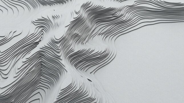 Abstract topographic map lines forming organic curves and contours in a minimalist grey landscape