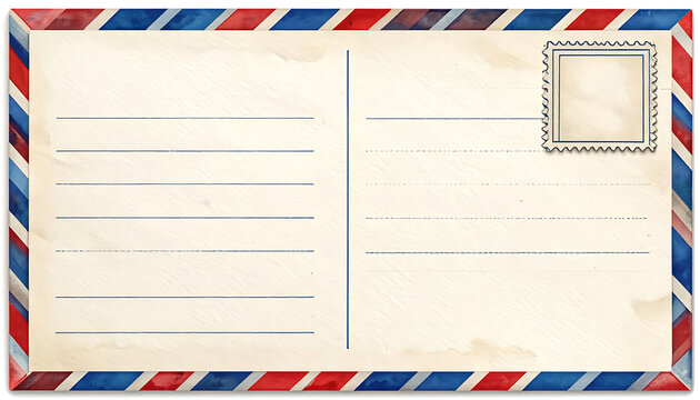 Retro postcard with airmail border and vintage stamp space, blank lined writing area, travel nostalgia