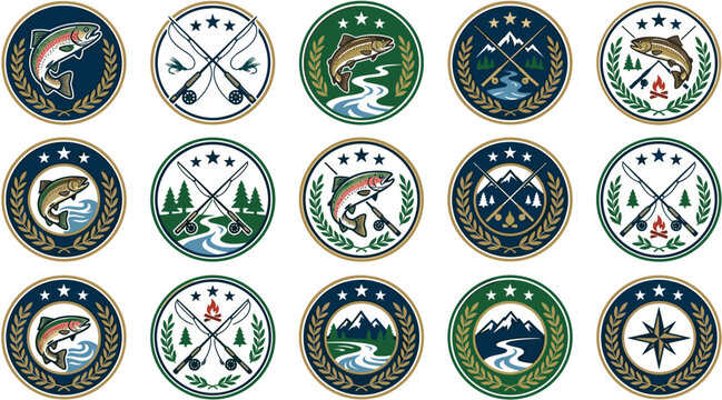 Vintage Fly Fishing and Outdoor Adventure Circular Badge Set with Crossed Rods Trout Mountains and Compass Emblems for Angler Apparel Designs