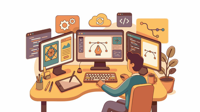 A person sits at a desk with multiple computer monitors and various office supplies