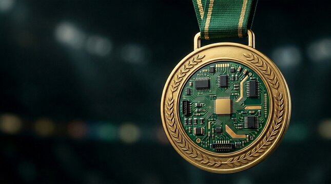 Gold medal with a green circuit board and microchips inside, representing technology and achievement
