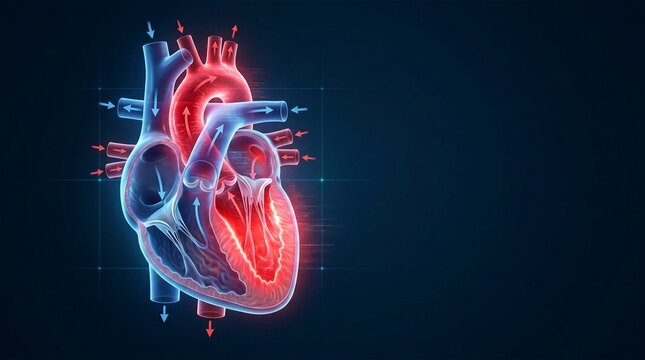 3D render of a human heart with blue and red blood flow visualization and arrows on a dark blue background
