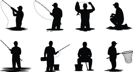 Black silhouettes of fishermen with fishing rods and nets in various action poses © Milon Store