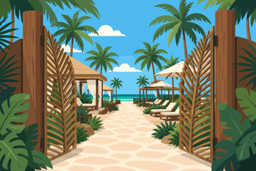 Fototapeta premium Tropical Beach Club Entrance Scene With Palms and Cabana Path